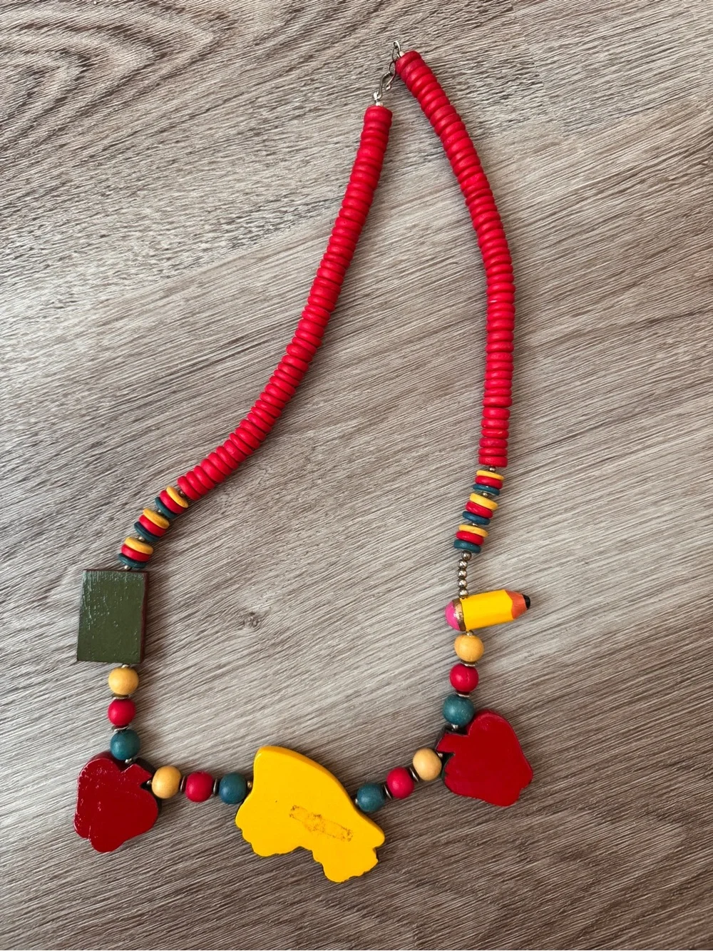 Teacher School Necklace Beaded Pencil Apple Bus Whimsical Vintage Red